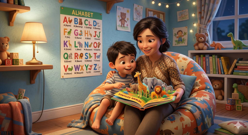 ibu mengajari anak dengan ilustrasi gambar