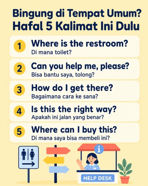Kalau lagi di tempat umum, banyak pemula sebenarnya bukan nggak tahu English—
mereka cuma nggak punya kalimat siap pakai saat butuh ngomong. 🤍

Makanya, simpan 5 kalimat ini dulu.
Simple, praktis, dan sangat berguna saat kamu bingung di luar. ✨

Save postingan ini buat jadi contekan, dan share ke teman yang juga lagi belajar English dari nol.

#BelajarBahasaInggris
#BahasaInggrisPemula
#EnglishPemula
#DailyEnglish
#BasicEnglish