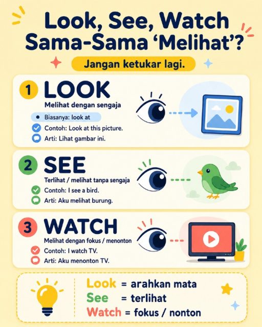 Masih suka bingung pakai look, see, dan watch? 👀

Gampangnya:

Look = kamu sengaja mengarahkan mata
See = sesuatu terlihat oleh matamu
Watch = kamu melihat dengan fokus, biasanya beberapa waktu

Jadi bukan cuma “melihat”, tapi cara melihatnya beda.

Simpan postingan ini biar nggak ketukar lagi. ✨

#BelajarBahasaInggris #BahasaInggrisPemula #EnglishPemula #GrammarPemula #EnglishDariNol