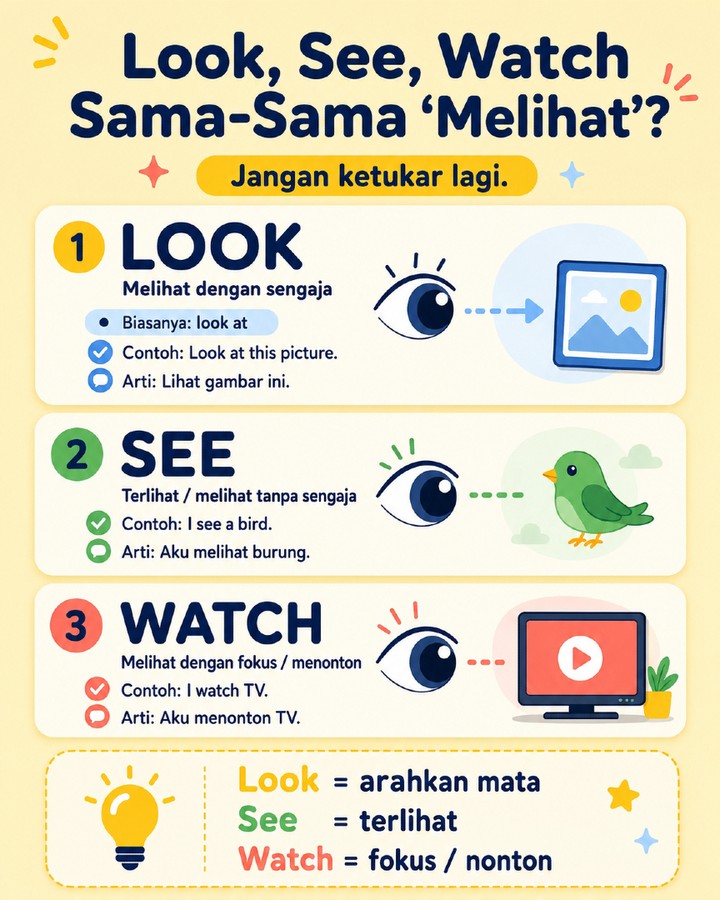 Masih suka bingung pakai look, see, dan watch? 👀

Gampangnya:

Look = kamu sengaja mengarahkan mata
See = sesuatu terlihat oleh matamu
Watch = kamu melihat dengan fokus, biasanya beberapa waktu

Jadi bukan cuma “melihat”, tapi cara melihatnya beda.

Simpan postingan ini biar nggak ketukar lagi. ✨

#BelajarBahasaInggris #BahasaInggrisPemula #EnglishPemula #GrammarPemula #EnglishDariNol