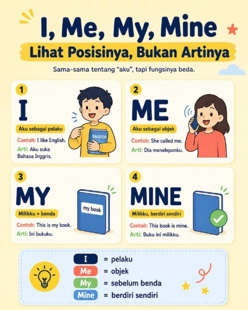 Masih sering bingung pakai I, me, my, dan mine? 🤯

Gampangnya lihat posisinya:

I = aku sebagai pelaku
Me = aku sebagai objek
My = milikku + benda
Mine = milikku, berdiri sendiri

Simpan postingan ini biar nggak ketukar lagi saat bikin kalimat English. ✨

Hashtag

#BelajarBahasaInggris #BahasaInggrisPemula #EnglishPemula #GrammarPemula #EnglishDariNol