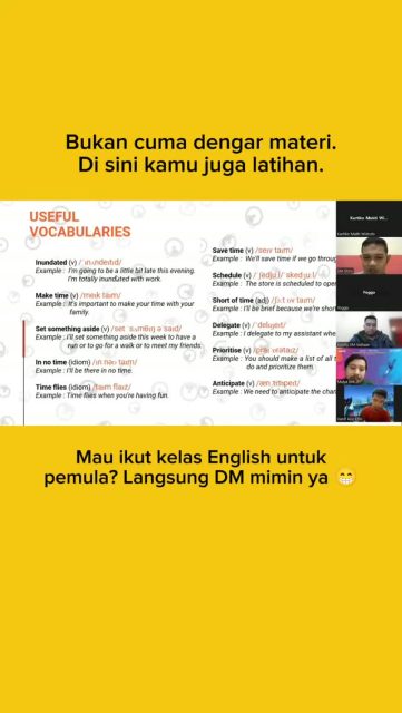 Di kelas ini, kamu nggak cuma duduk dan dengar materi. 🤍

Kamu juga diajak latihan, mencoba bikin kalimat, bertanya saat belum paham, dan pelan-pelan membangun keberanian untuk pakai English.

Karena buat pemula, latihan kecil yang konsisten jauh lebih penting daripada cuma paham teori.

Mulai dari basic.
Latihan bareng.
Pelan-pelan jadi lebih percaya diri. ✨

#BelajarBahasaInggris #EnglishPemula #BasicEnglish #SpeakingPemula #KampungInggrisMM
