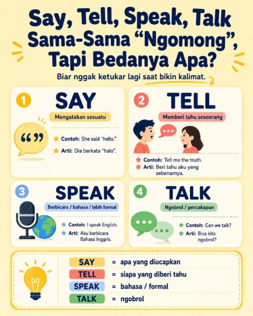 Masih suka bingung pakai say, tell, speak, dan talk? 🤯

Gampangnya:

Say = fokus ke apa yang diucapkan
Tell = fokus ke siapa yang diberi tahu
Speak = bahasa / lebih formal
Talk = ngobrol

Simpan postingan ini biar nggak ketukar lagi saat bikin kalimat English. ✨

#BelajarBahasaInggris
#BahasaInggrisPemula
#EnglishPemula
#GrammarPemula
#EnglishDariNol
