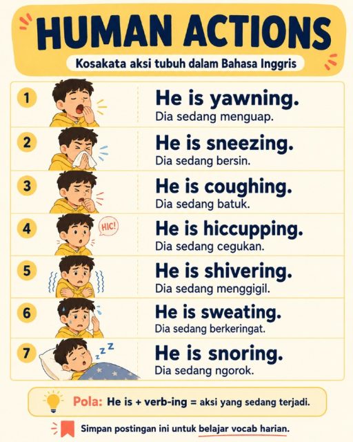 Masih bingung gimana bilang menguap, bersin, batuk, atau menggigil dalam Bahasa Inggris? 👀

Ini beberapa kosakata aksi tubuh yang sering banget dipakai sehari-hari. Cocok banget untuk kamu yang masih pemula dan ingin nambah vocab yang practical ✨

Simpan postingan ini buat belajar pelan-pelan ya!

#BelajarBahasaInggris #BahasaInggrisPemula #EnglishPemula #DailyEnglish #BasicEnglish