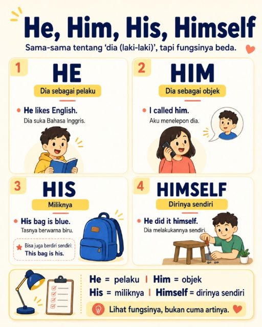 Masih sering bingung bedanya he, him, his, dan himself? 👀

Padahal semuanya sama-sama tentang “dia (laki-laki)”, tapi fungsinya beda:

he = dia sebagai pelaku
him = dia sebagai objek
his = miliknya
himself = dirinya sendiri

Kalau kamu sering ketukar, simpan postingan ini ya biar gampang ingat ✨

#BelajarBahasaInggris #BahasaInggrisPemula #EnglishPemula #DailyEnglish #BasicEnglish