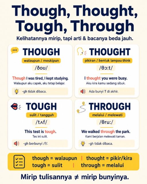 Masih suka ketukar though, thought, tough, dan through? 😵‍💫

Wajar banget, karena tulisannya mirip—tapi arti dan cara bacanya beda.

though = walaupun
thought = pikir / kira
tough = sulit / tangguh
through = melalui

Yang bikin tricky: “-ough” nggak selalu dibaca dengan cara yang sama.

Jadi jangan cuma lihat tulisannya. Biasakan sekalian belajar arti + pronunciation + contoh kalimatnya.

Simpan post ini kalau kamu masih suka ketukar, dan kirim ke teman yang juga lagi belajar English dari dasar. 💛

#BelajarBahasaInggris #BahasaInggrisPemula #EnglishPemula #DailyEnglish #BasicEnglish