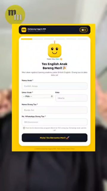 Mau tahu level kemampuan bahasa Inggris si kecil tanpa ribet? Coba fasilitas tes khusus anak dari Kampung Inggris MM! 🎯

👧👦 Didesain khusus & ramah untuk anak-anak
🎙️ Latihan speaking interaktif berbasis AI
📊 Hasil instan & laporan lengkap ke WhatsApp Bunda
💯 Gratis tanpa dipungut biaya

Yuk, temani si kecil tes sekarang lewat link di bio, Bun! 🚀

#parentingindonesia #englishforkids #kursusbahasainggrisanak #kelasonline #kampunginggrisonline