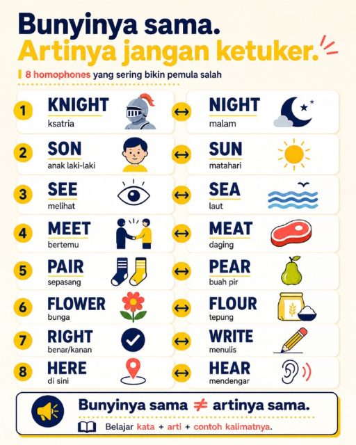 Pernah denger satu kata, tapi bingung nulisnya yang mana? 😵‍💫

see — sea
right — write
here — hear

Bunyinya sama, tapi artinya beda.

Makanya kalau belajar vocab, jangan cuma hafal suara atau ejaannya.

Belajar sekalian arti dan contoh kalimatnya.

Biar pas dengar kata itu, kamu nggak cuma kenal bunyinya—tapi juga ngerti maksudnya.

Simpan post ini buat contekan. 💛

#BelajarBahasaInggris #BahasaInggrisPemula #EnglishPemula #DailyEnglish #BasicEnglish