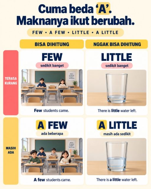 Cuma nambah “a”, tapi rasanya bisa beda.

few → sedikit banget, terasa kurang
a few → ada beberapa

little → sedikit banget, terasa kurang
a little → masih ada sedikit

Bedanya satu lagi:

few / a few → yang bisa dihitung
little / a little → yang nggak dihitung satu-satu

Kalau selama ini cuma hafal artinya “sedikit”, wajar kalau masih ketuker.

#BelajarBahasaInggris #BahasaInggrisPemula #EnglishPemula #DailyEnglish #BasicEnglish
