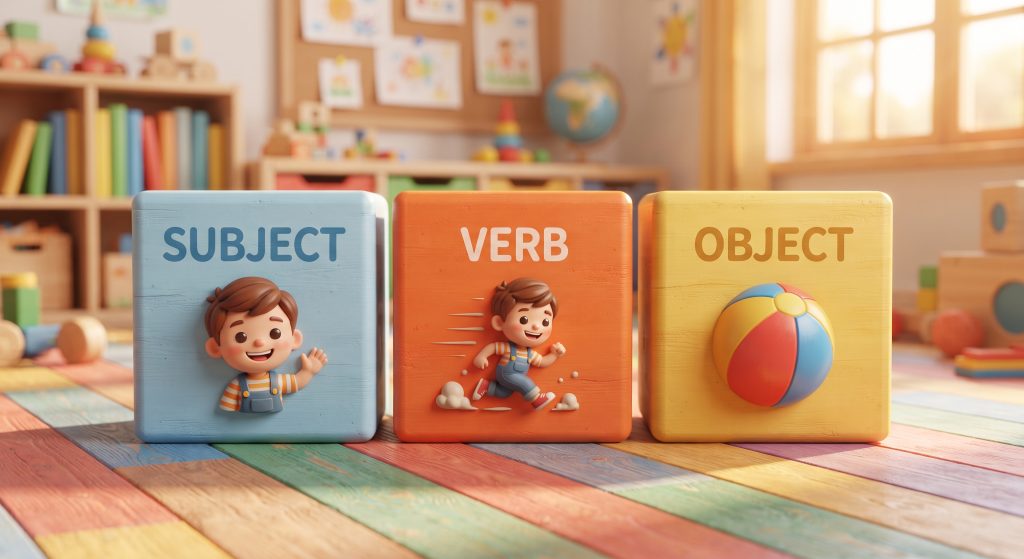 Struktur Kalimat Dasar untuk Pemula: Subject-Verb-Object.