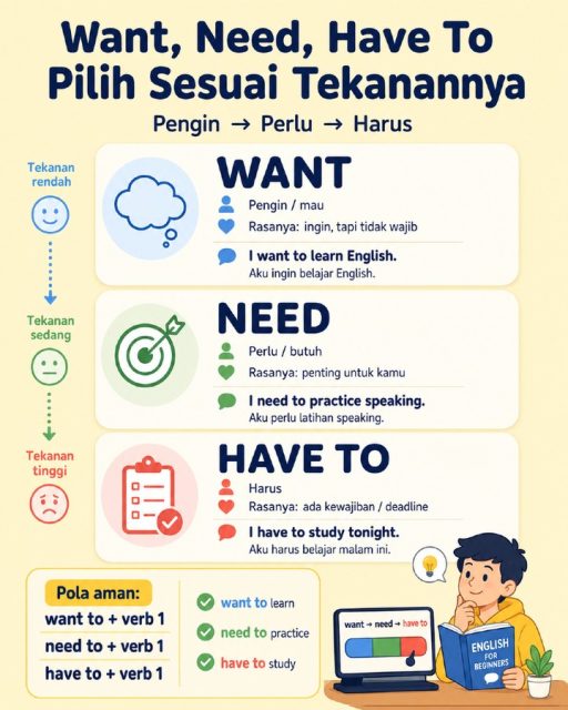 Masih suka pakai I want untuk semua kalimat? 🤔

Padahal beda maksudnya:

Want = pengin
Need = perlu
Have to = harus

Contoh:

I want to learn English.
I need to practice speaking.
I have to study tonight.

Ingat polanya:

want to / need to / have to + verb 1

Simpan biar nggak salah pilih kata lagi. ✨

#BelajarBahasaInggris #BahasaInggrisPemula #EnglishPemula #GrammarPemula #BasicEnglish