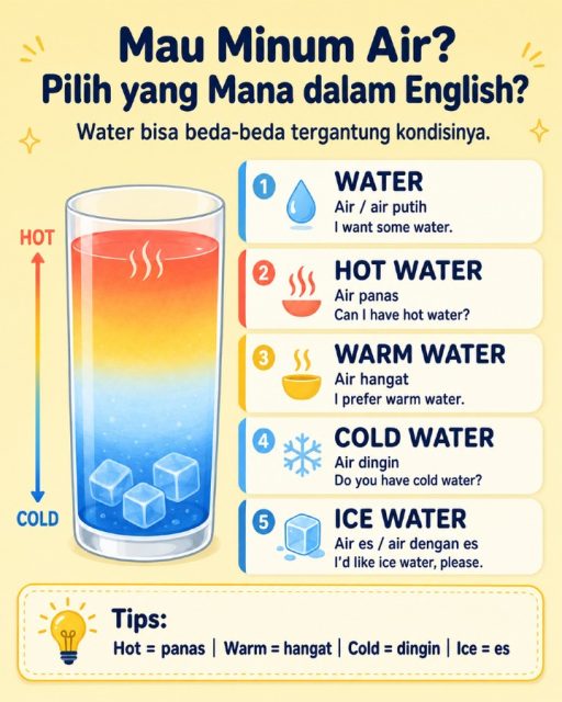 Ternyata water bukan cuma “air” doang. 💧

Kalau mau lebih spesifik, kamu bisa pakai:

Hot water = air panas
Warm water = air hangat
Cold water = air dingin
Ice water = air es / air dengan es

Contoh:

Can I have hot water?
Boleh minta air panas?

I’d like ice water, please.
Aku mau air es.

Simpan postingan ini biar nggak bingung saat pesan minum dalam English. ✨

#BelajarBahasaInggris #BahasaInggrisPemula #EnglishPemula #DailyEnglish #BasicEnglish