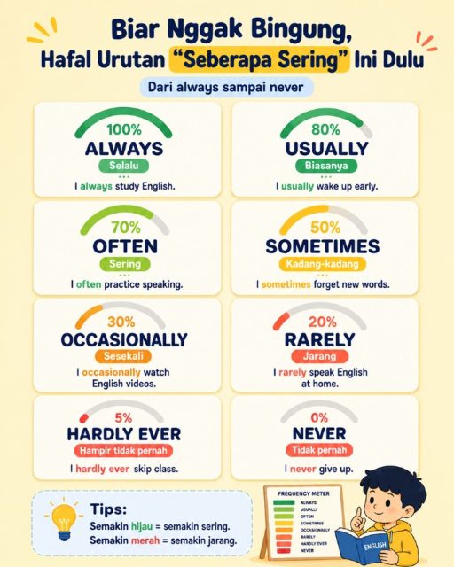 Masih bingung bedanya always, usually, often, sometimes, rarely, dan never? 🤔

Gampangnya, lihat tingkat seringnya:

Always = selalu
Usually = biasanya
Often = sering
Sometimes = kadang-kadang
Occasionally = sesekali
Rarely = jarang
Hardly ever = hampir tidak pernah
Never = tidak pernah

Semakin tinggi persentasenya, semakin sering dilakukan.
Simpan postingan ini biar nggak ketukar lagi. ✨

#BelajarBahasaInggris #BahasaInggrisPemula #EnglishPemula #BasicEnglish #GrammarPemula