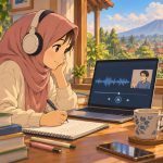 Pelajar memakai headphone untuk meninjau rekaman sesi kelas