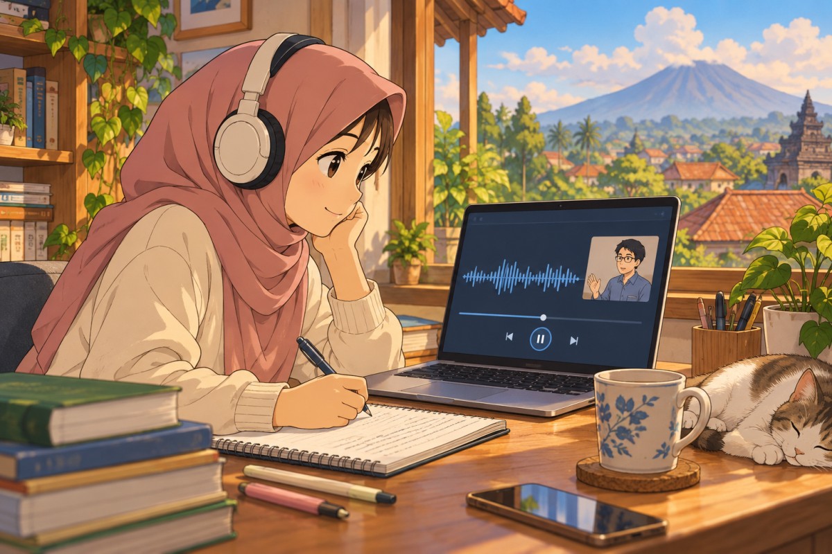 Pelajar memakai headphone untuk meninjau rekaman sesi kelas
