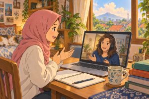 Pelajar berdiskusi dengan tutor melalui kelas online