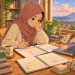 Pelajar memeriksa jadwal belajar mandiri dan kelas online