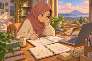 Pelajar memeriksa jadwal belajar mandiri dan kelas online