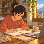 Pelajar mengerjakan tugas rumah dengan buku dan laptop