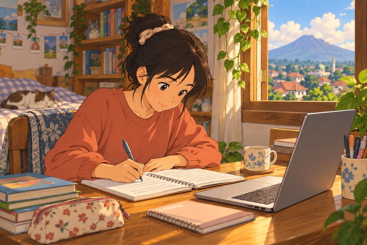 Pelajar mengerjakan tugas rumah dengan buku dan laptop