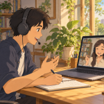 Peserta mengikuti sesi kelas private online dengan tutor melalui laptop.