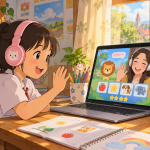 Anak belajar bahasa Inggris dalam kelas private online dengan permainan visual.