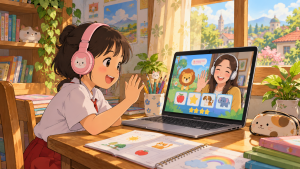 Anak belajar bahasa Inggris dalam kelas private online dengan permainan visual.