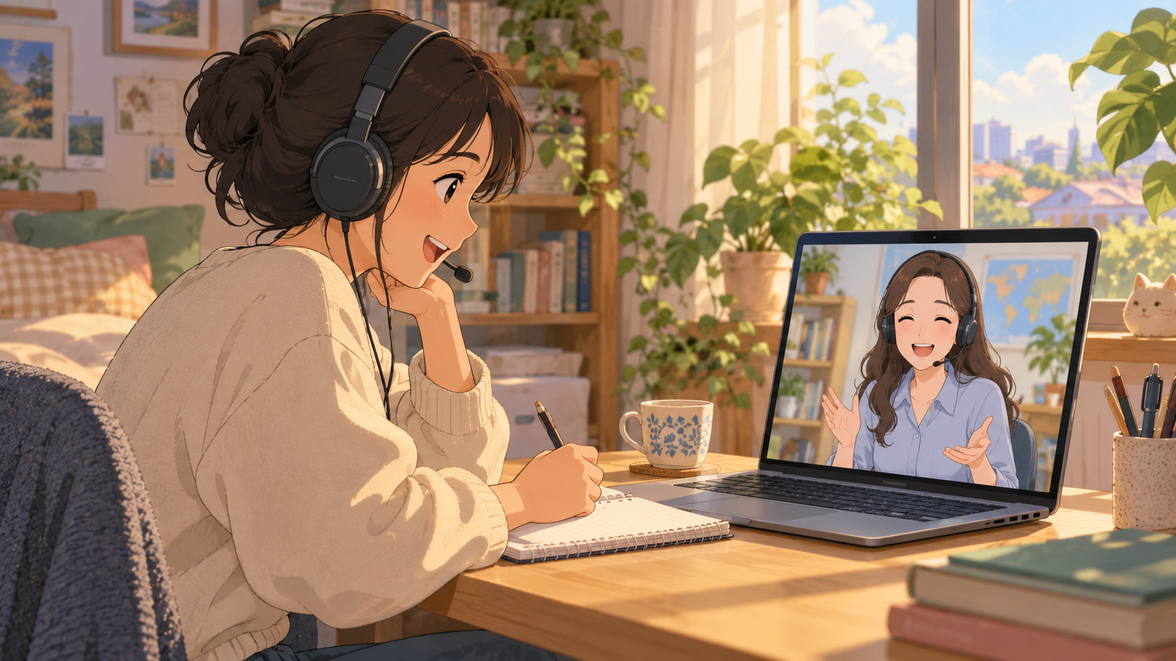 Peserta meningkatkan skill bahasa Inggris bersama tutor kelas private online.