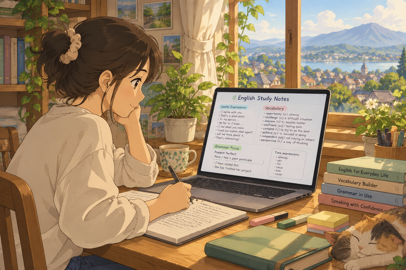 Pelajar memantau progress belajar bahasa Inggris melalui catatan digital