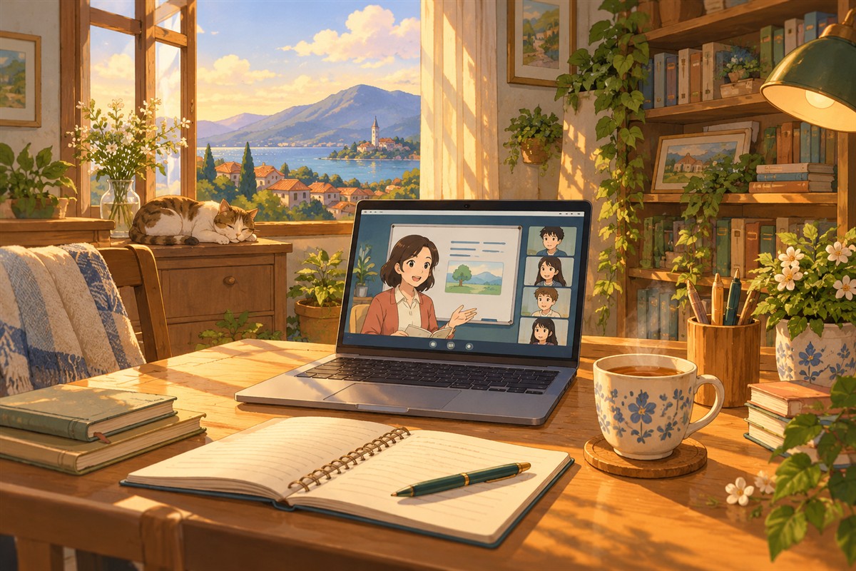 Laptop dan catatan untuk mengevaluasi hasil belajar bahasa Inggris