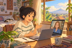 Komunikasi dengan tutor bahasa Inggris melalui panggilan video